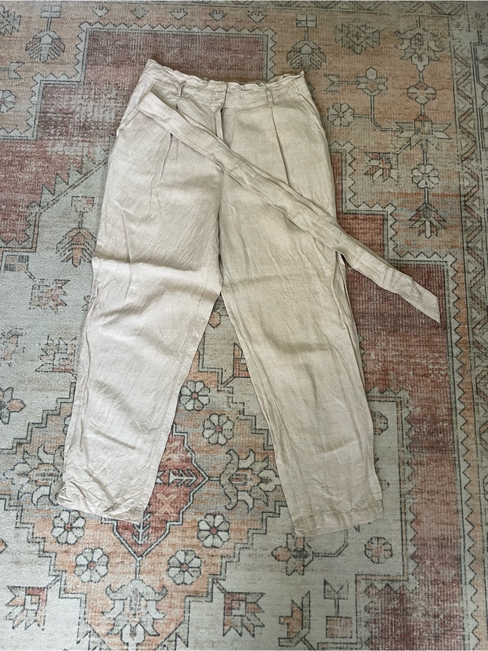 LOFT Beige Straight-Leg Linen-Blend Pants with Waist Tie